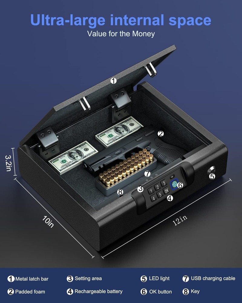 Enhanced Security Biometric Pistol Safe – Key & PIN Unlock with USB Charging