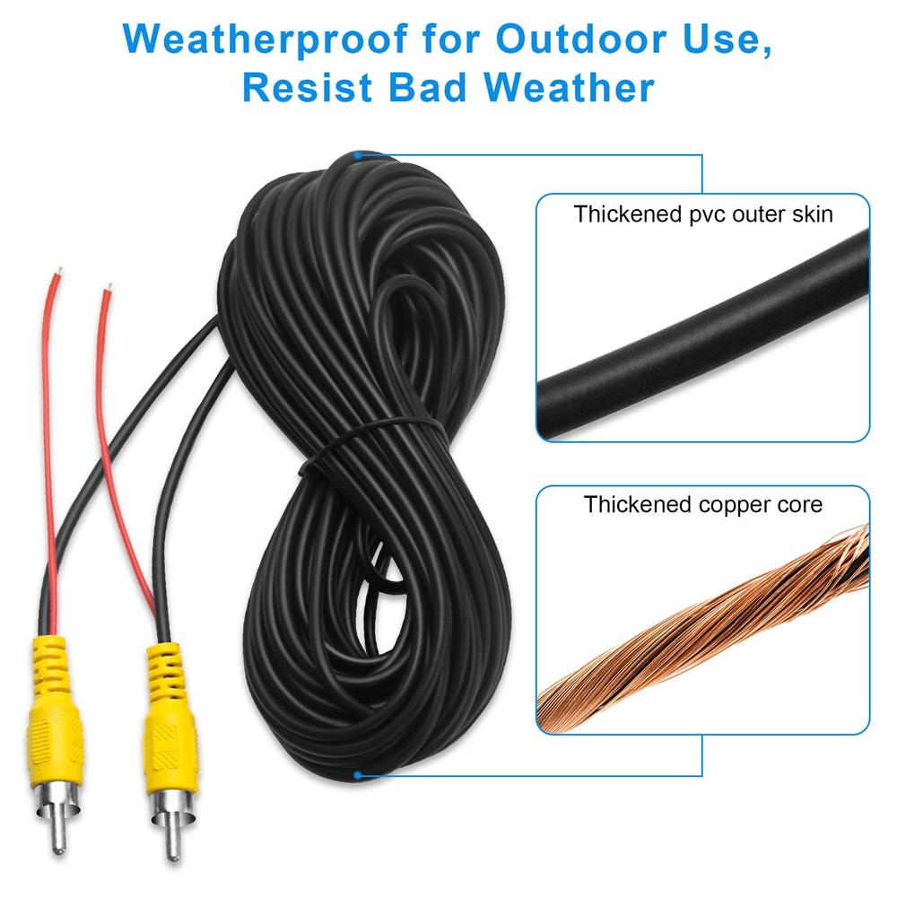 33FT RCA Video Cable for Backup Camera Detection Wire Power Supply Front to Rear