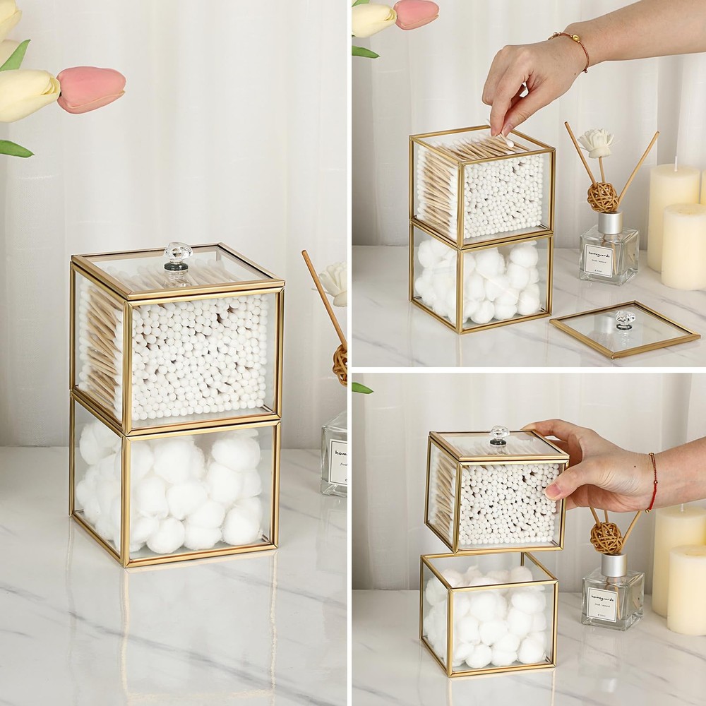 Hipiwe Glass Qtip Holder Dispenser with Lid 2-Tier Stackable Bathroom Gold