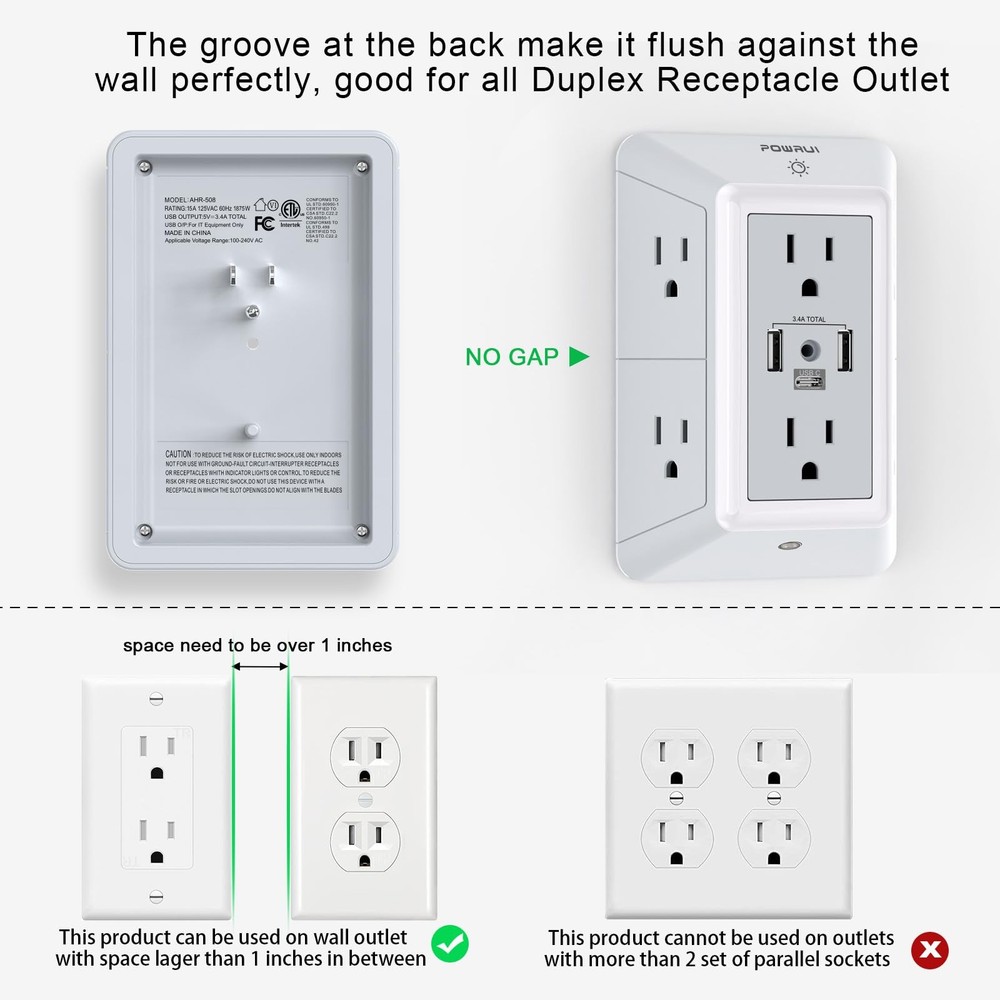USB Wall Charger, Surge Protector, 3 Charging Ports (1 USB-C), Grey
