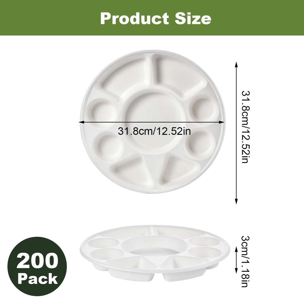 9 Compartment Round Biodegradable Divided Plates, Pack of 200, 12.52" Diameter--