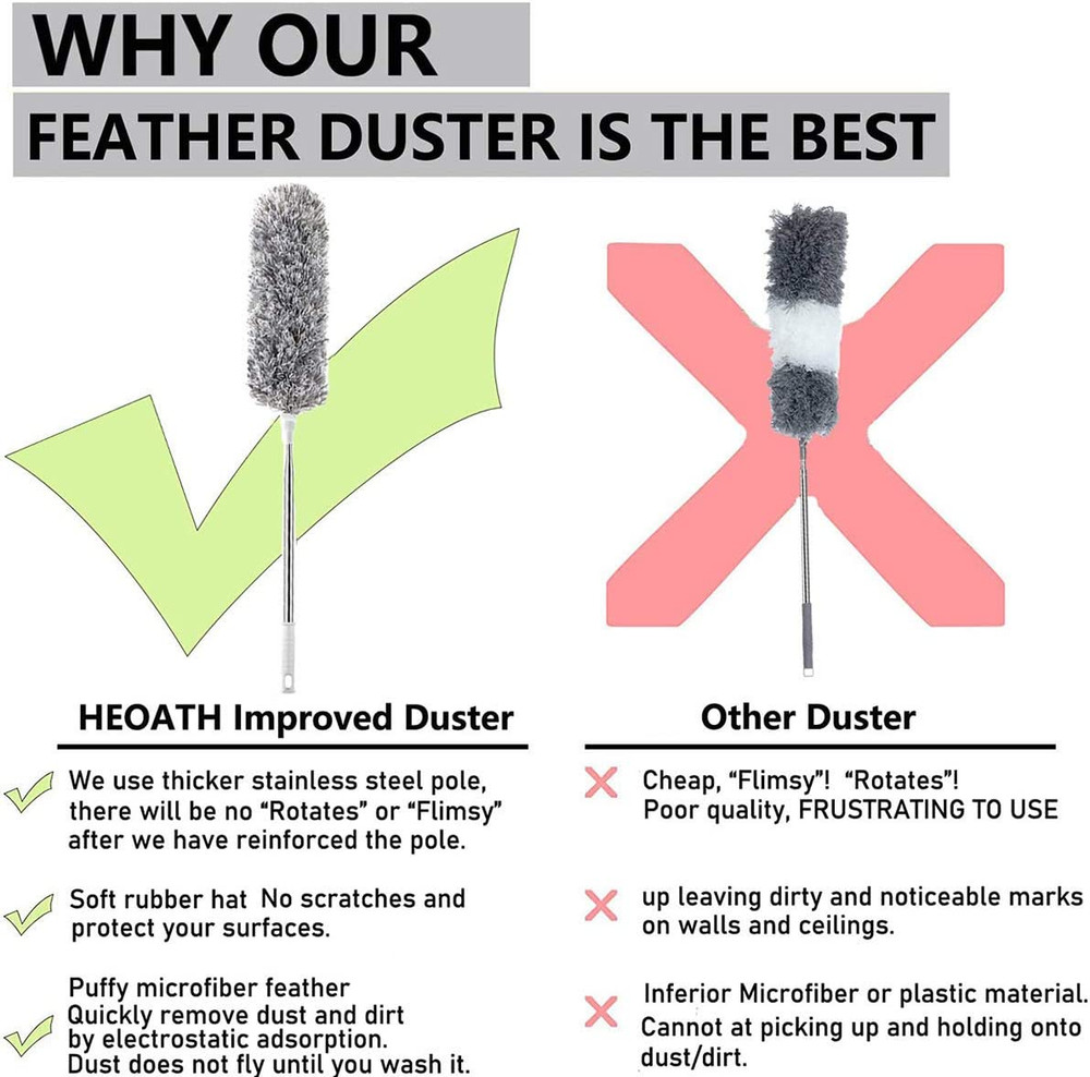 Microfiber Feather Duster Extendable Pole 30-100in Bendable Head Gray Washable