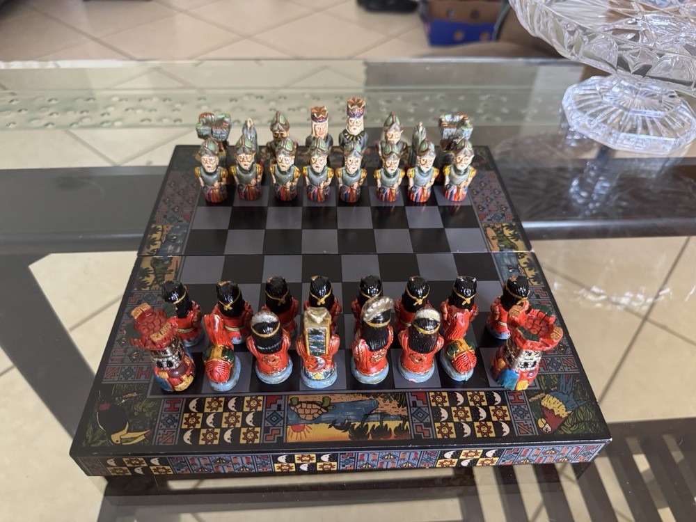 Handmade Peruvian Chess Set with Decorative Board and Storage Box