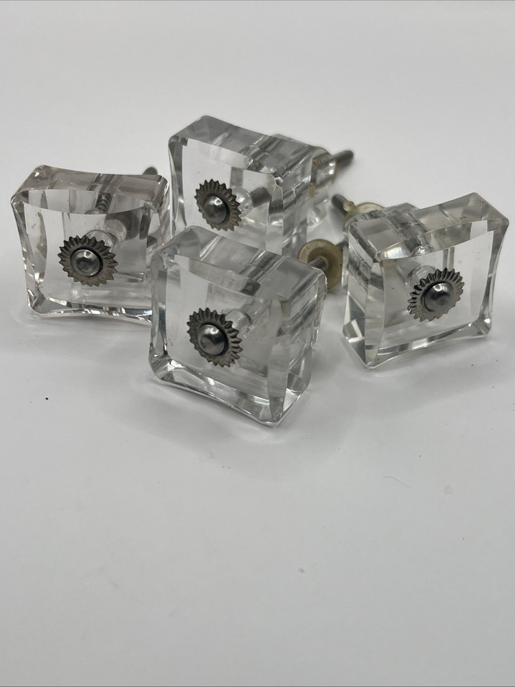 4 Clear Glass Cabinet Knobs Pulls Square Silver Flower 3”x 1.5” Read!