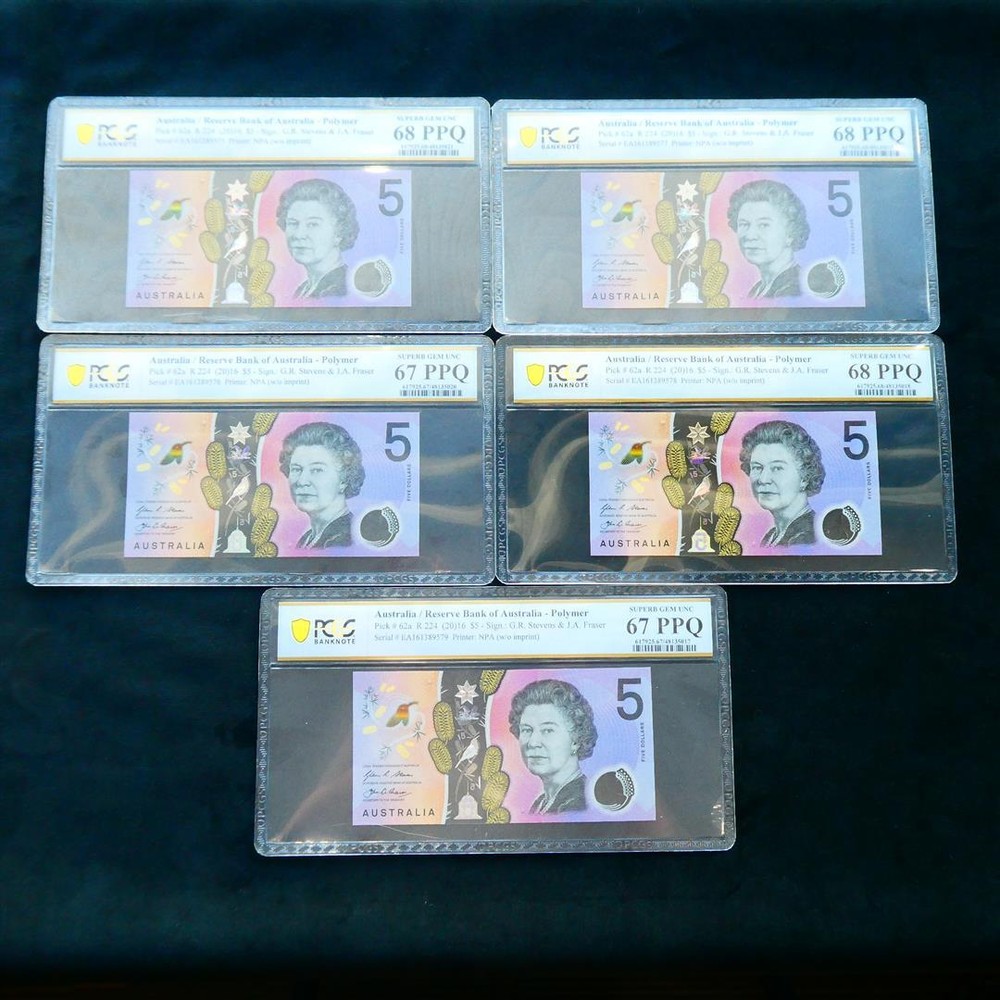 5 x Consecutive 2016 Stevens Fraser $5 Banknotes PCGS 67-68 PPQ #5017