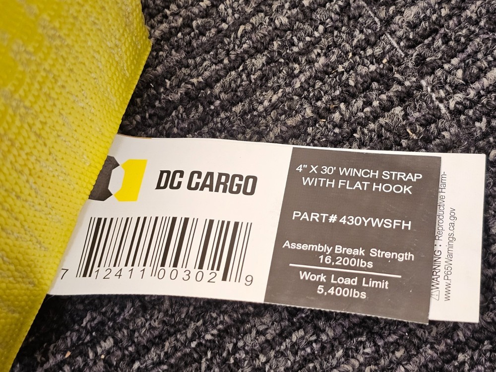 DC Cargo 430YWSFH 4-In x 30' Mall Winch Cargo Strap Flat Hook