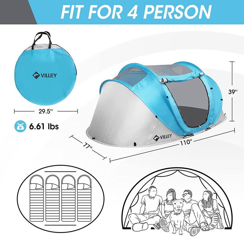 VILLEY 4 Persons Camping Tent Pop Up Tent Waterproof  Automatic Setup Easy Fold
