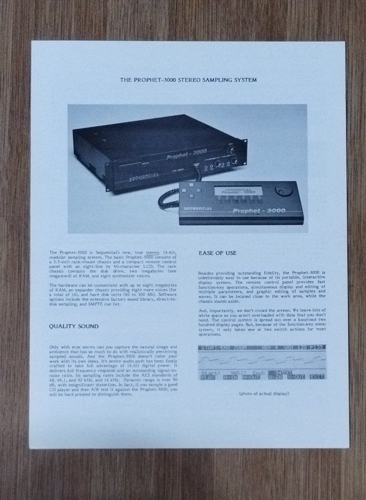 *RARE *ORIG Sequential PROPHET 3000 16bit ANALOG FILTER SAMPLER Brochure Catalog