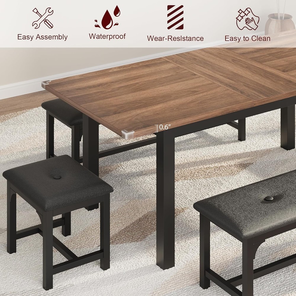 Extendable Dining Table Set 47"-63", 5 Piece with Upholstered Benches for 6-8