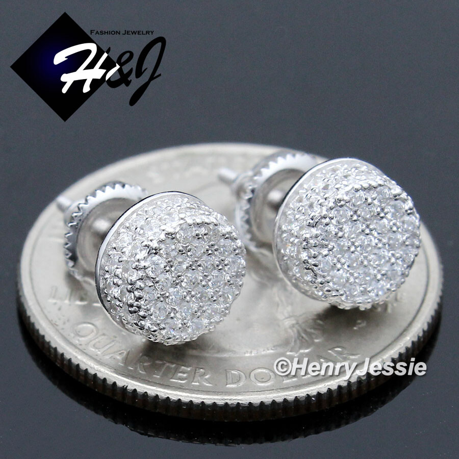 MEN WOMEN SOLID 925 STERLING SILVER ICY BLING CZ 8MM 3D ROUND STUD EARRING*E192