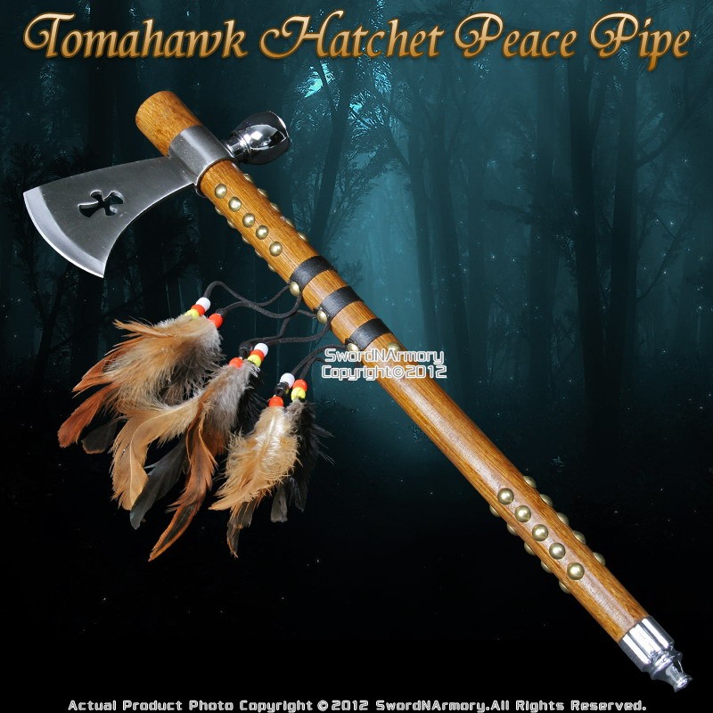 Indian Warrior Native American Tomahawk Hatchet Axe Peace Pipe Tobacco Feathers