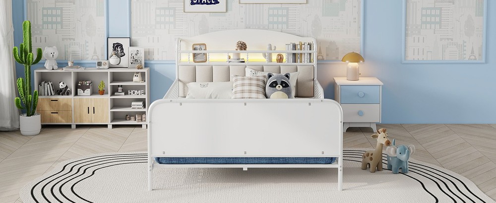 Metal Full Size Bed Frame with Light/Storage Headboard Slatted Safety Guardrails