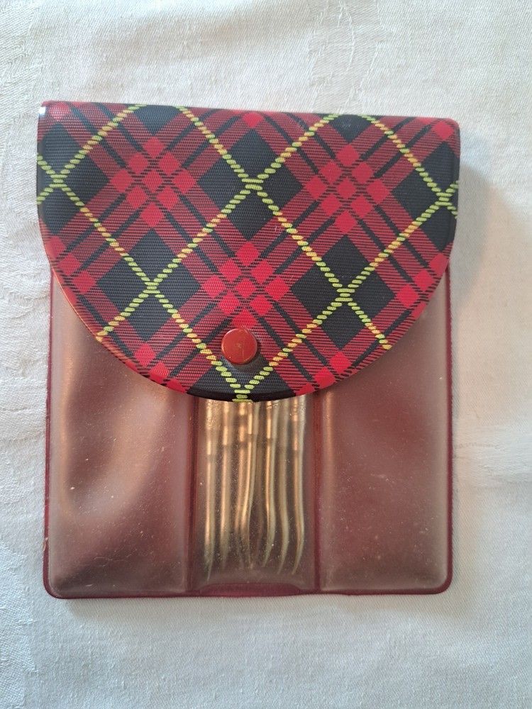 Vintage Nut Picks & Case Plaid Plastic Holder Tools