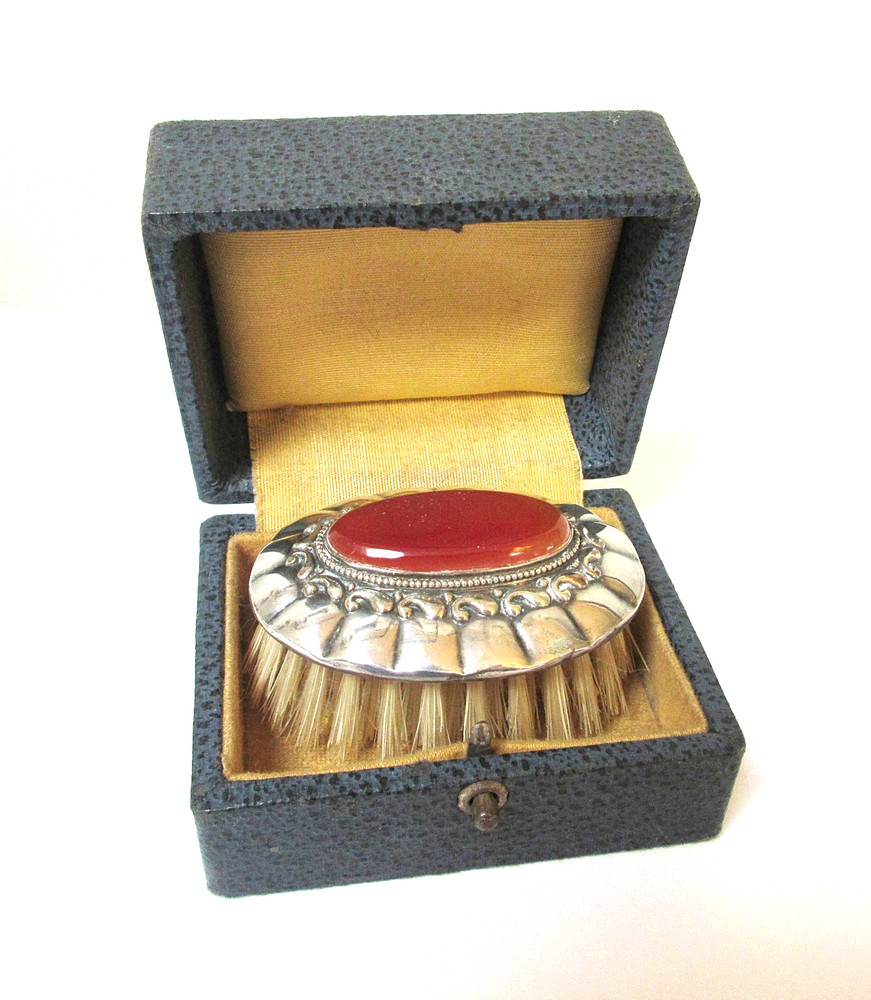 Vintage Cased Silver Baby Brush with Agate