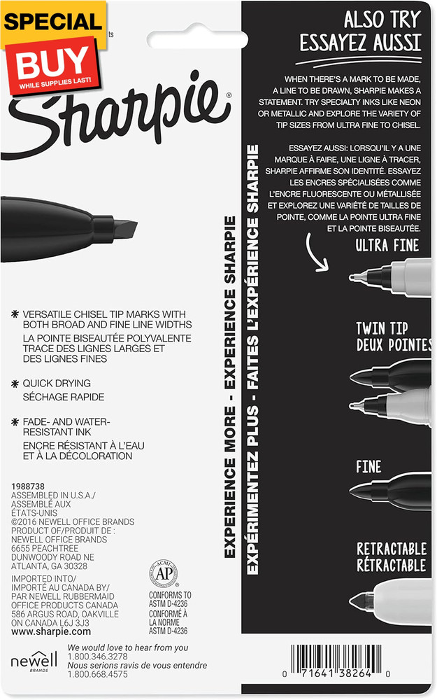 Permanent Markers, Chisel Tip, Black, 4 Count