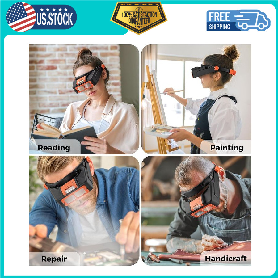 Headband Magnifier w/Light, Rechargeable Magnifying Glasses for Close Work