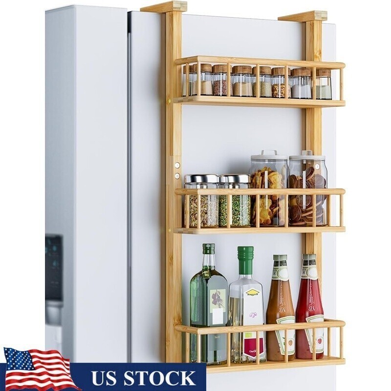 Hanging Spice Rack Bamboo 3 Tier Kitchen Organizer Refrigerator & Pantry Storage