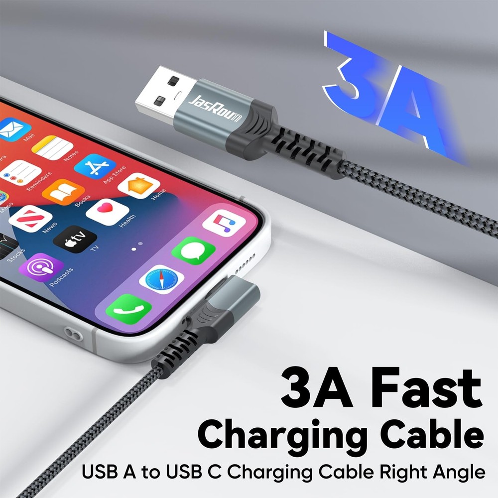 15ft USB C Cable Right Angle, 3A Fast Charging Long Type C 15 Feet, Grey