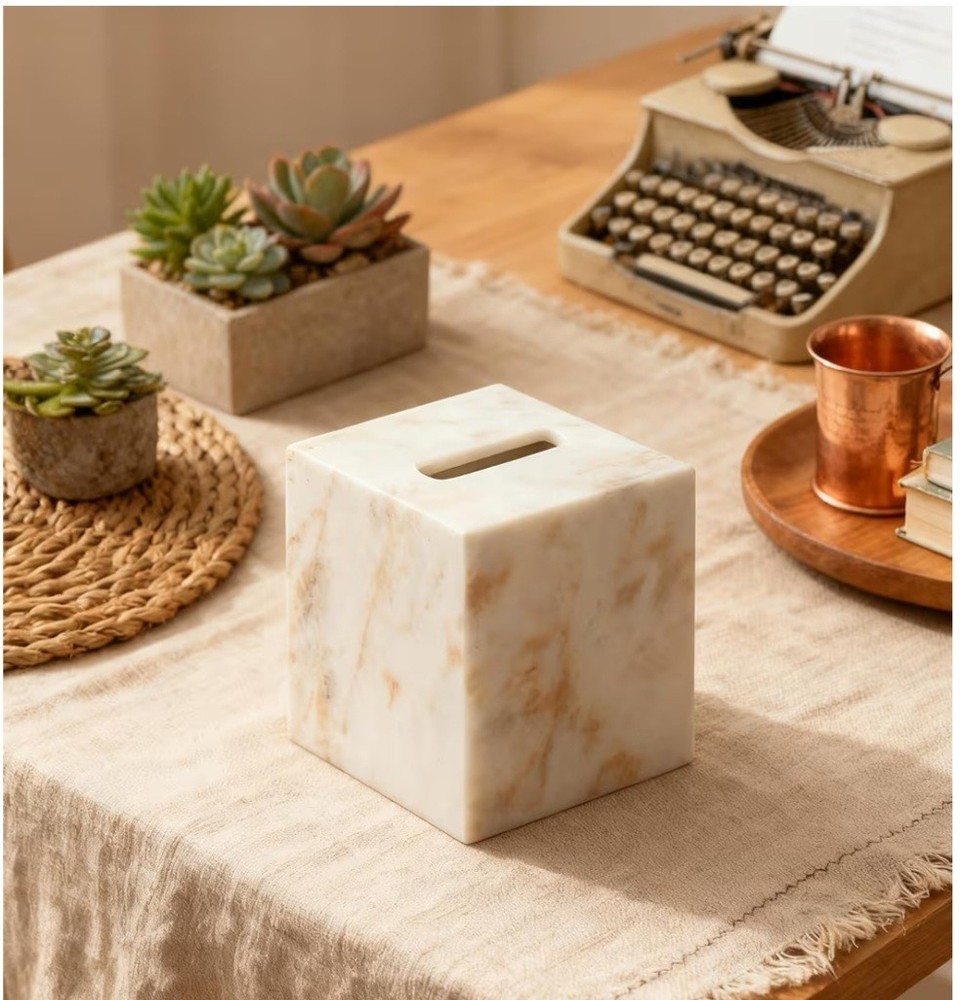 Marble Tissue Box Cover, White with Gold Texture