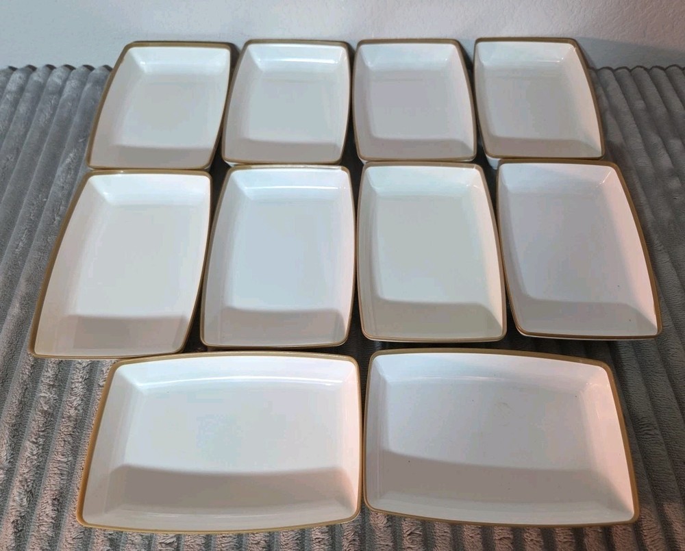 Set 10 Delta Airlines White Gold Trim Plastic Rectangular Bread Dessert Dish Vtg