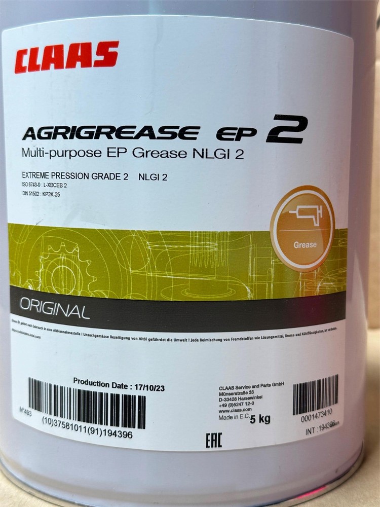 5kg Claas Agrigrease EP 2 Multi-Purpose EP Grease NLGI Grade-2 Extreme Pression