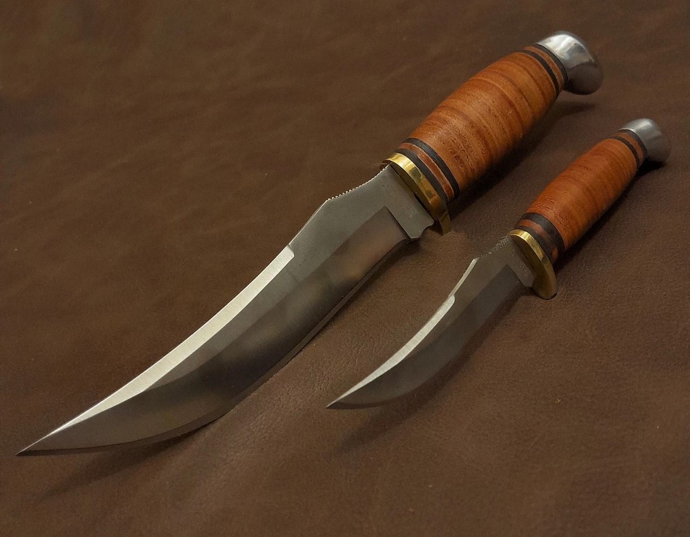 Marbles 2 Fixed Blade Stacked Leather Handle Hunting Set w/Dual Leather Sheath