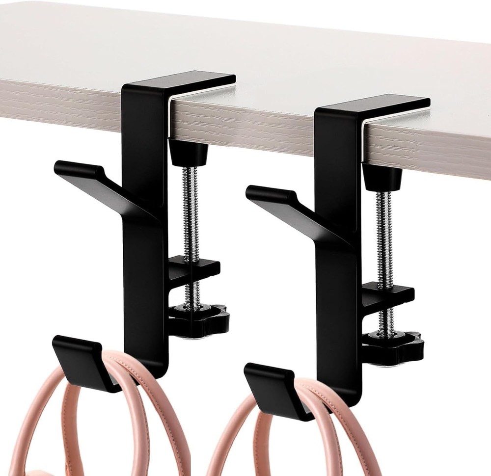 2Pcs Clamp-On Under Desk Headphone Holder Backpack Hook Students' Black