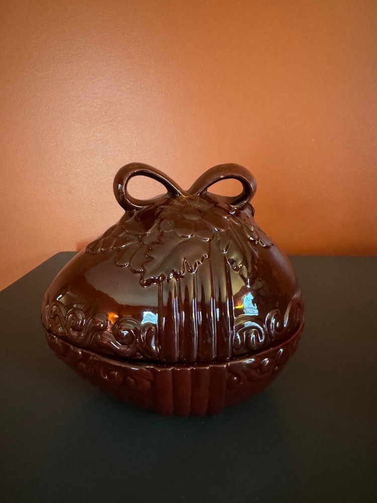 Vintage Easter Egg Shaped Candy Dish Ceramic Floral Ribbon Lid 1978