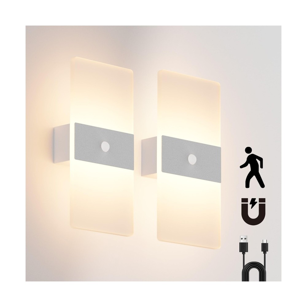2 Pack Motion Sensor Wall Lights, Morden Silver Decorative LED Indo... Fast Ship