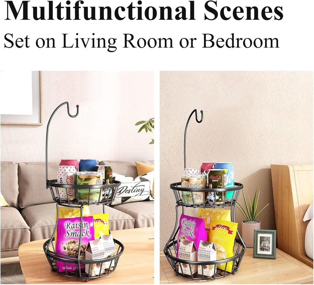 2-Tier Fruit Basket Bowl Stackable Vegetable Storage with Banana Tree Hanger Sta