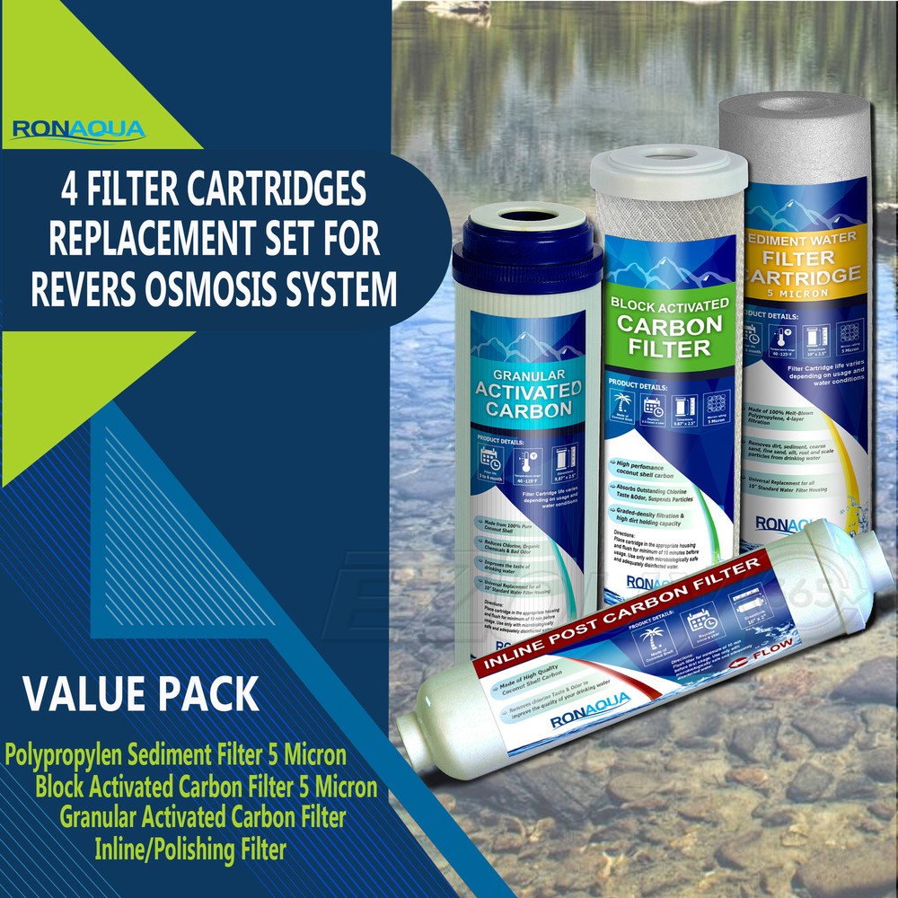 Reverse Osmosis Replacement Water Filters Set 4 pc Carbon, GAC, Sediment, Inline