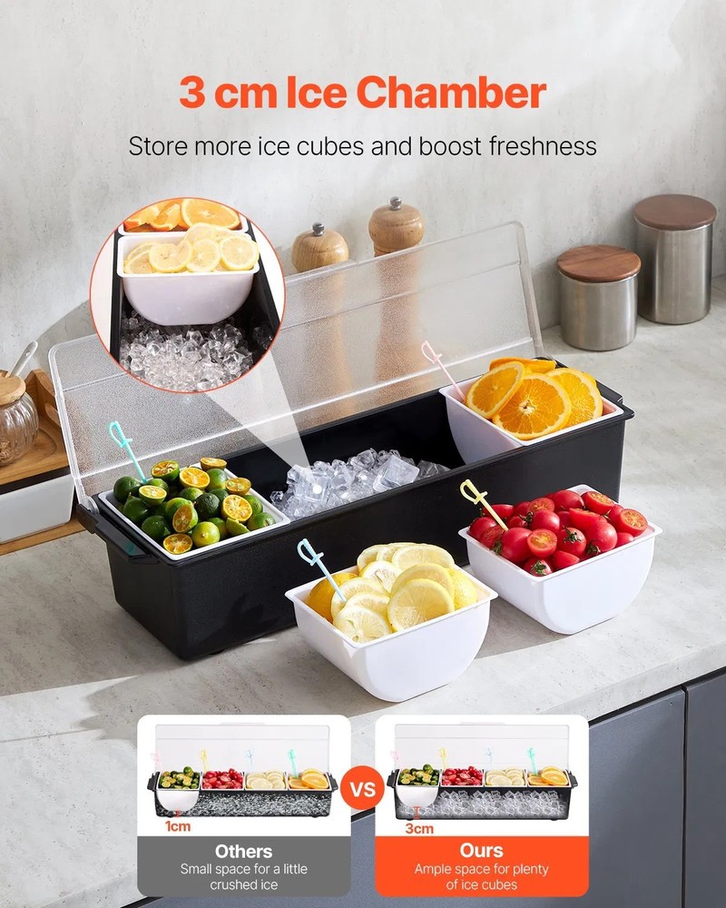 Chilled Condiment Server, 4 Compartment Ice Cooled Condiment Serving Container,