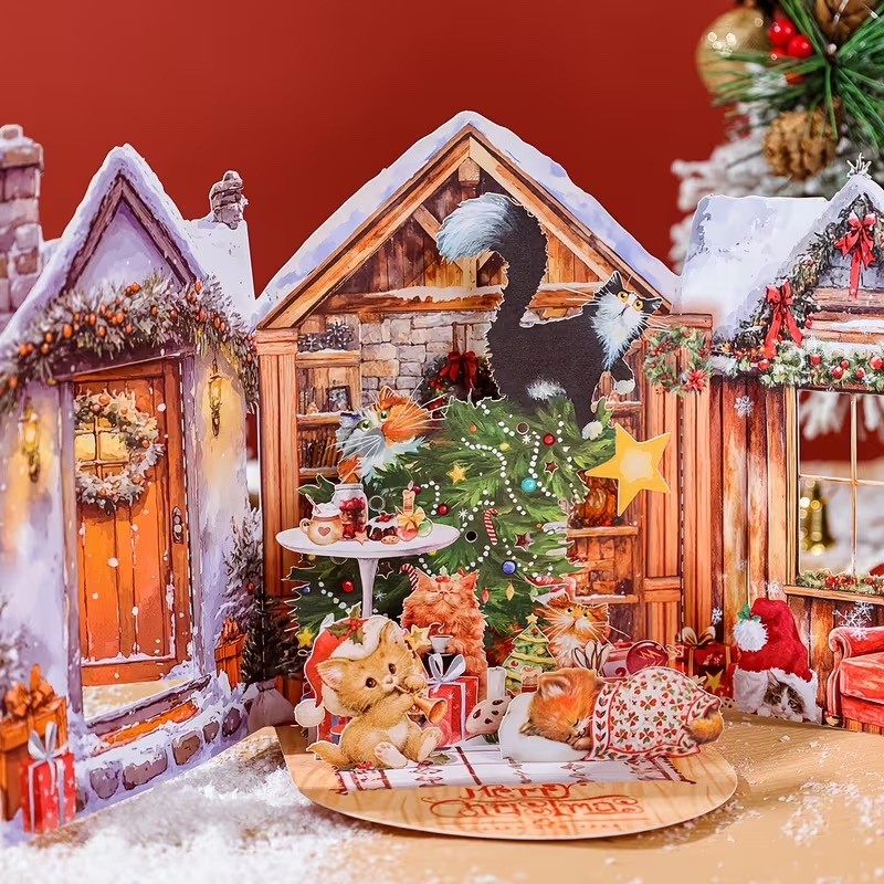 3D POP OPEN 3 PANEL CAT CHRISTMAS CARD WITH ENVELOPE