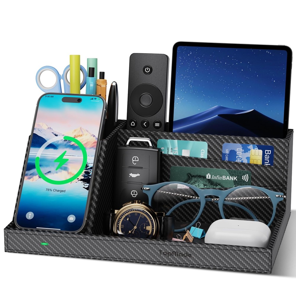 Wireless Charger Nightstand Organizer, Multi-Functional Leather Home Office S...