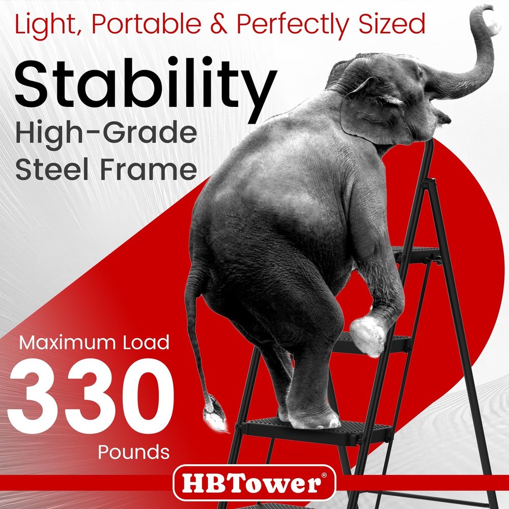 HBTower Step Ladder, Stool Foldable for Adults with 4 Black