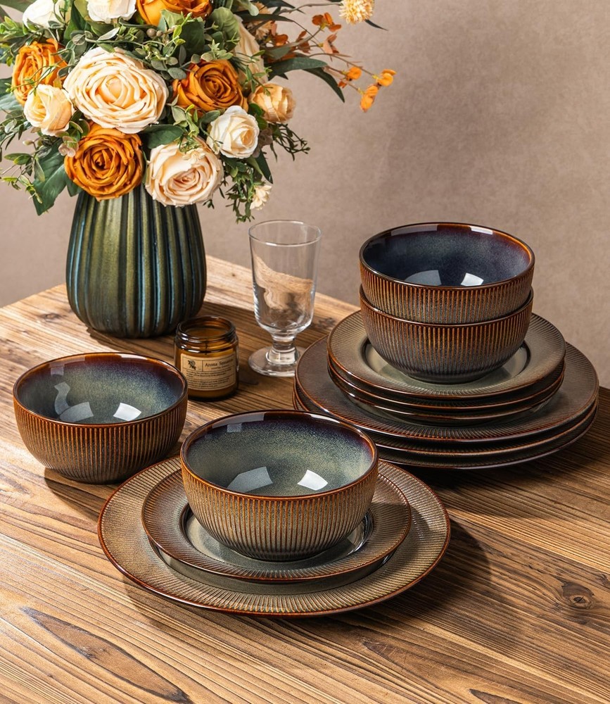 12-Piece Stoneware Dinnerware Set for 4 - Scratch Resistant, Mocha