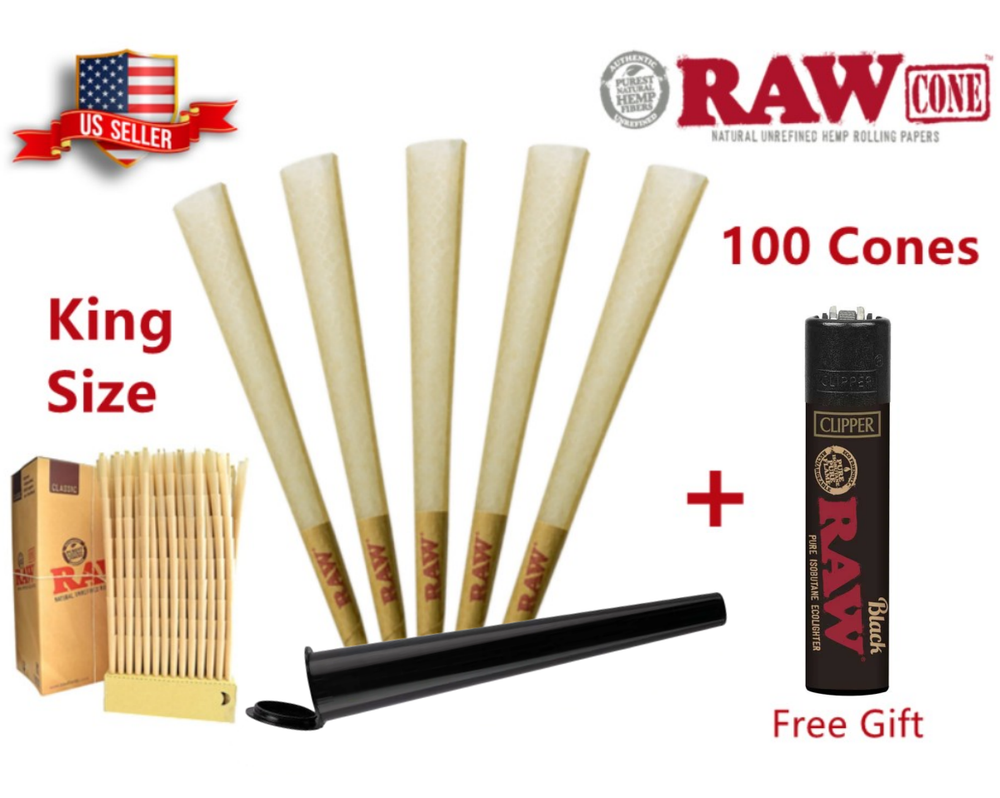 Authentic RAW Classic King Size Pre-Rolled Cones 100 Pack & Clipper Lighter US