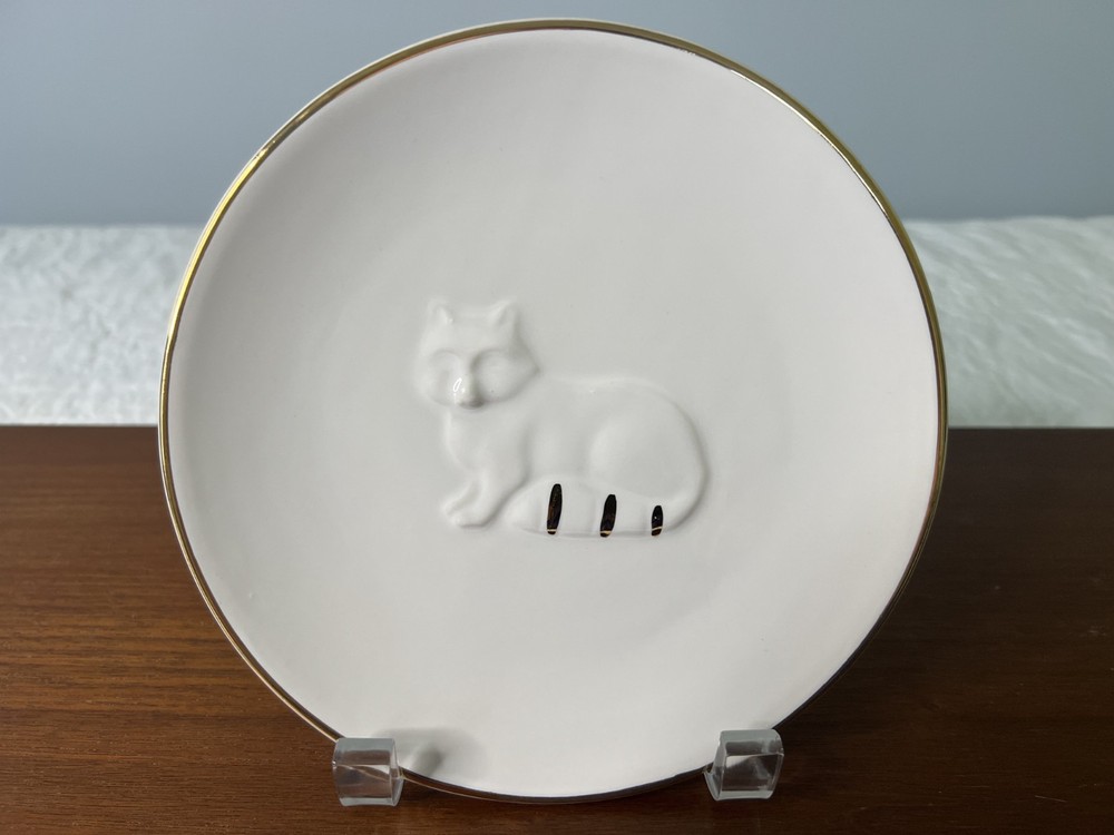 Set 4 Stoneware 7" Plates, Raccoon, Bird, Owl, Squirrel, Raised Pattern