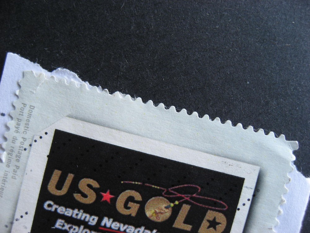 Canada Post personalized postage stamp, US Gold Exploration postally used faults