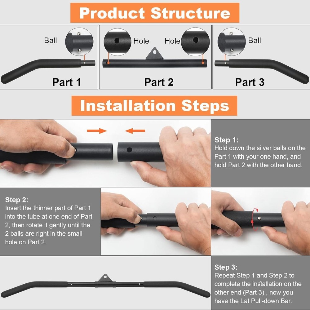 Lat Pull Down Bar 39.37in Gym Cable Attachment Rubber Grip for Strength Training
