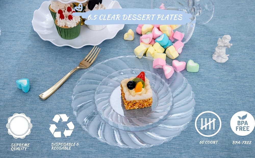 60Pieces Clear Dert Plates - Clear Plastic Plates - 6.5inch
