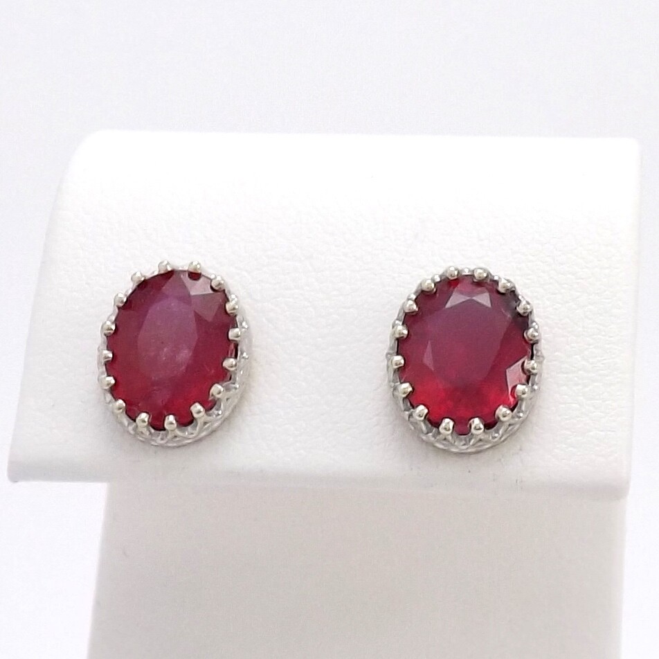14k White Gold Oval Crown Setting Stud Earrings Natural Ruby July Birthstone New