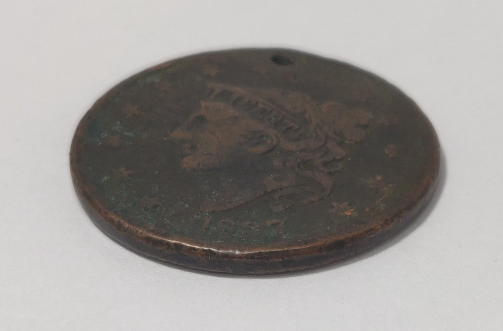 1837 LARGE CENT CORONET HEAD SURFACE DAMAGED + HOLED + SMASHED