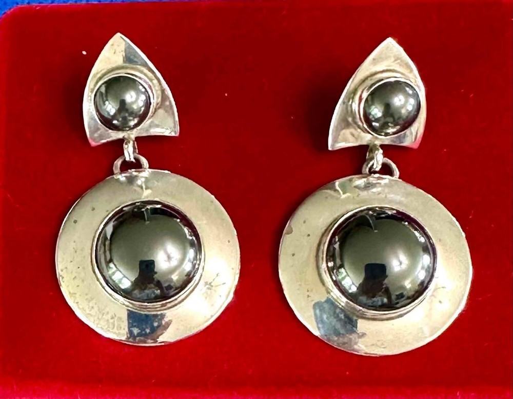 Southwest Style Marked RGA Sterling Silver & Hematite Drop Dangle Post Earrings