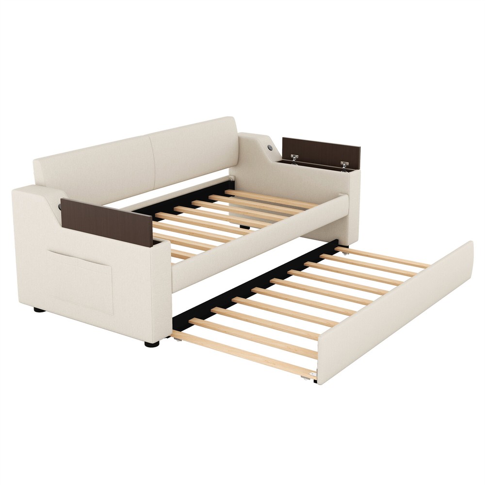 Twin Size Daybed Upholstered Bed Frame Sofa Bed w/ Trundle Bed Beige