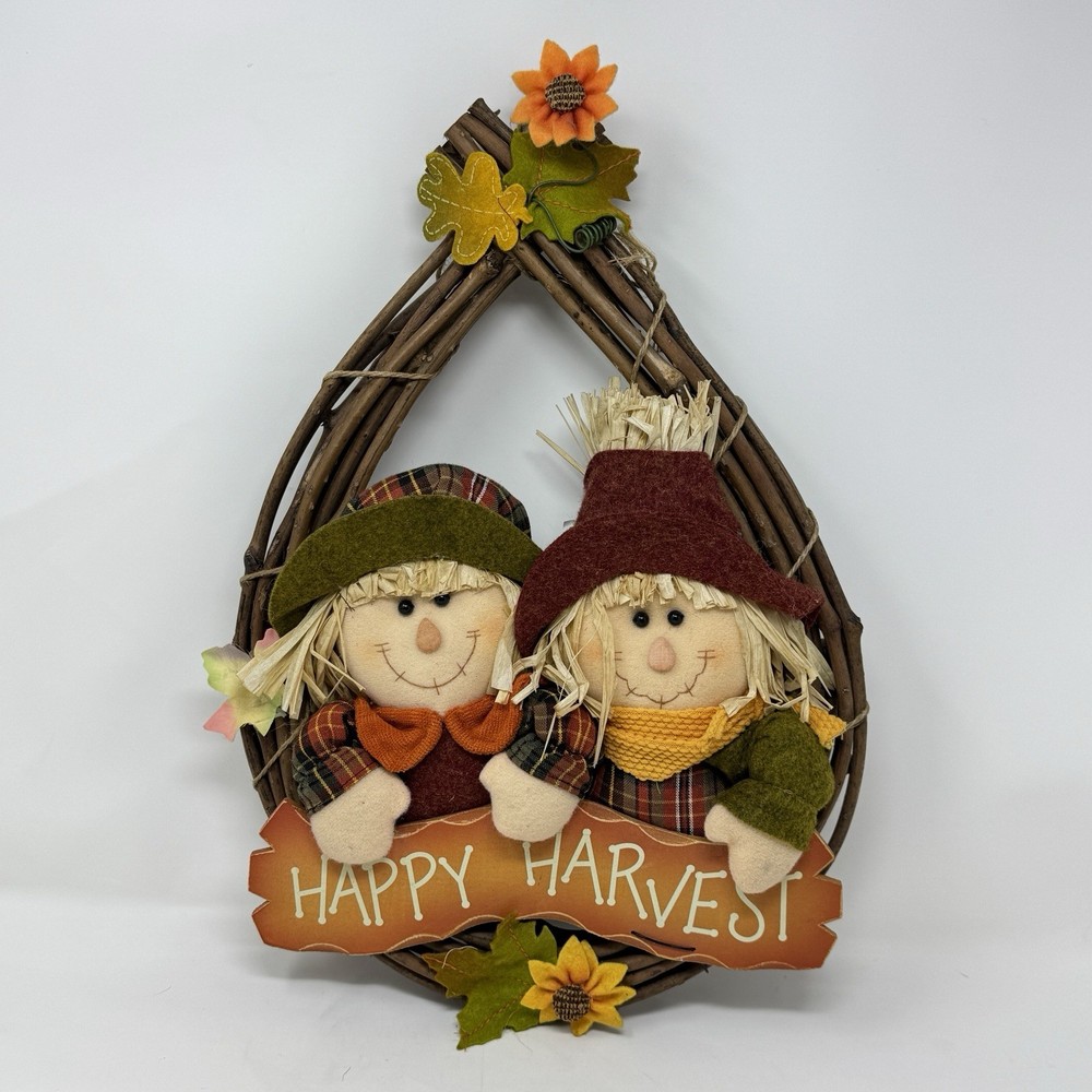 Vintage Happy Harvest Grapevine Fall Scarecrows Door Hanger Wreath 16"