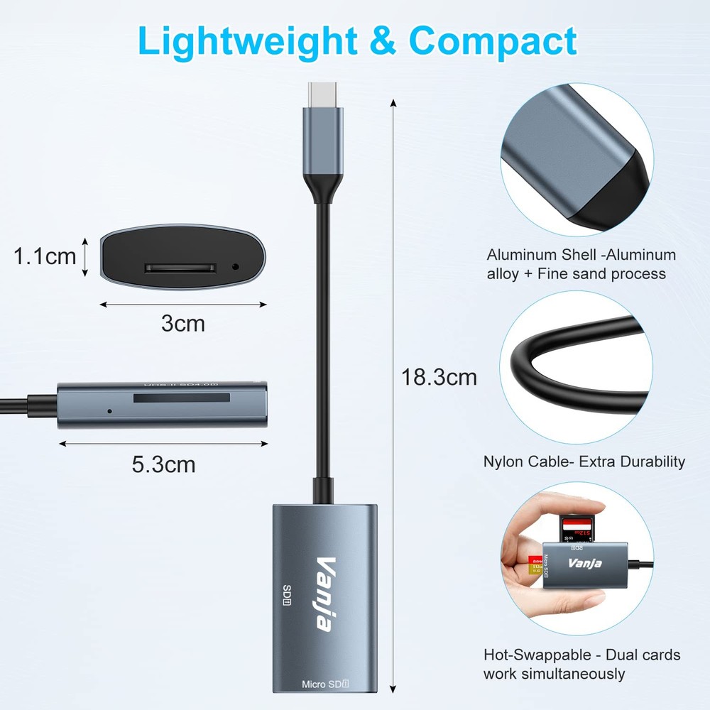 USB C High-Speed SD MicroSD Card Reader Adapter 3.2 Gen 1 5Gbps Windows Mac iOS
