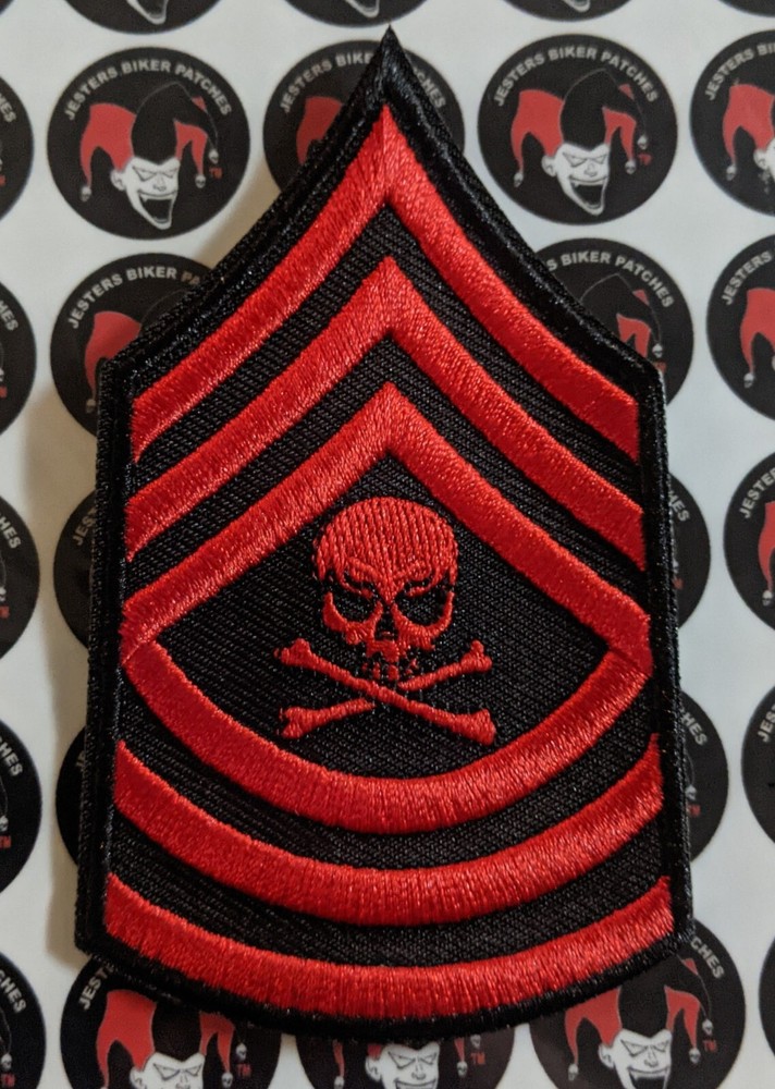 Master Sergeant With Skull Red Embroidered Biker Patch