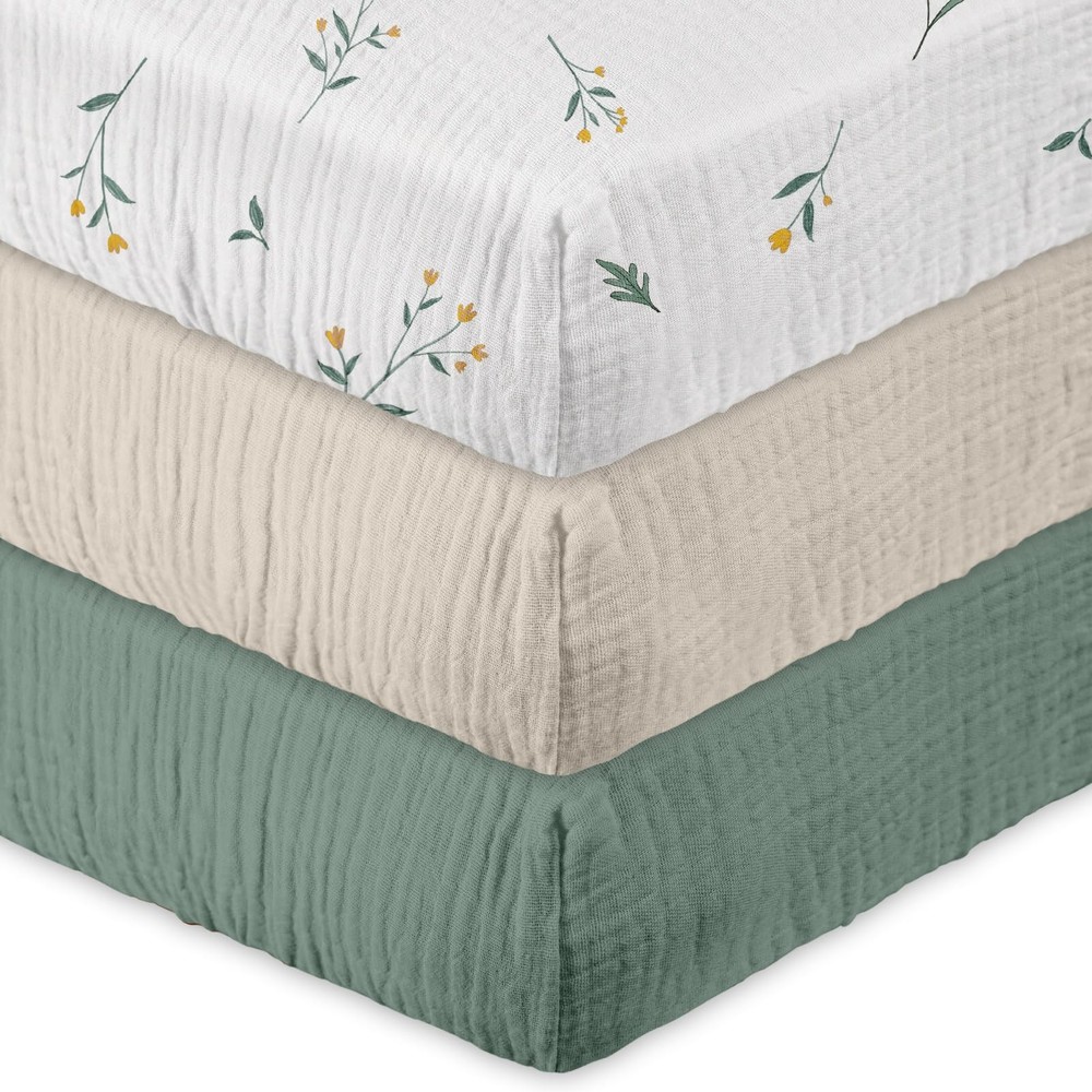 Muslin Mini Crib Sheets 3 Pack, Breathable Pack and Play Sheets Fitted Soft C...