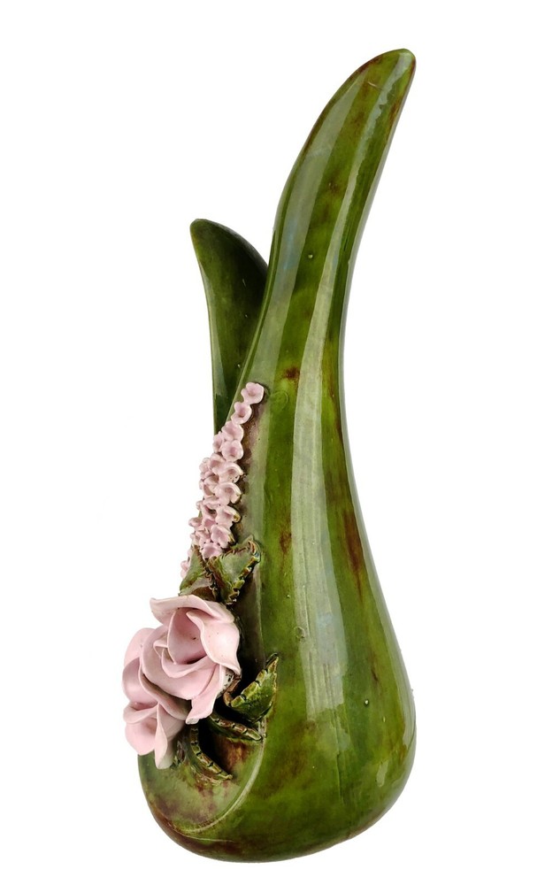 Vtg Ceramic Double Loop Handle Pitcher 12.5" Green w/ Applied Pink Flowers